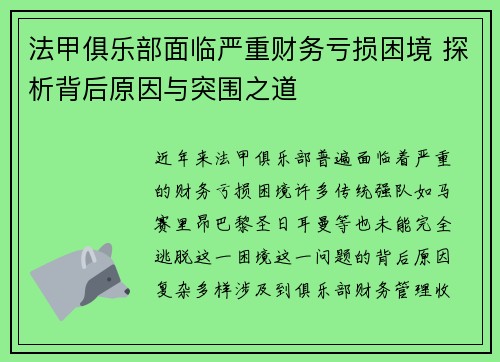 法甲俱乐部面临严重财务亏损困境 探析背后原因与突围之道